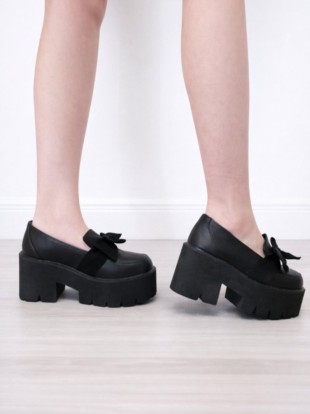 Black Platform Bow Loafers Chunky Slip-On
